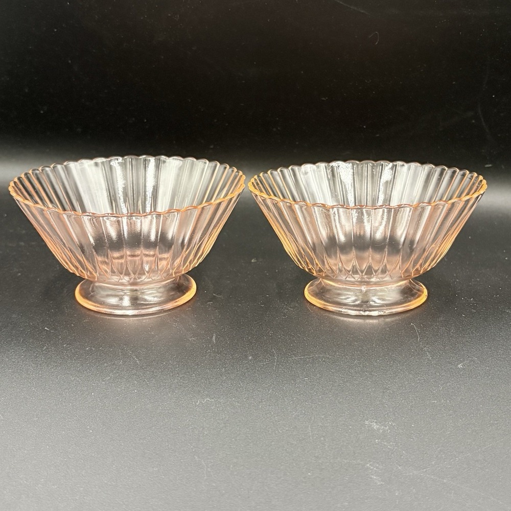 Pink Depression Glass Petal Ware Fruit Cup Ribbed Scalloped‎ Set Of 2 Small